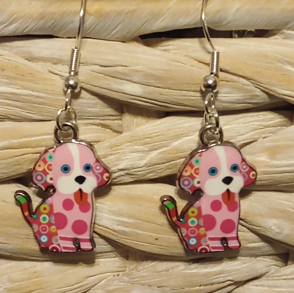 Pink polkadot puppy earrings